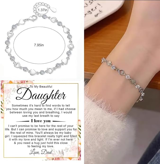 To My Daughter Bracelet, Silver Heart Chain Bracelet with Shiny Stones, Perfect Birthday or Graduation Christmas Gift for Daughter with Message Card and Gift Box