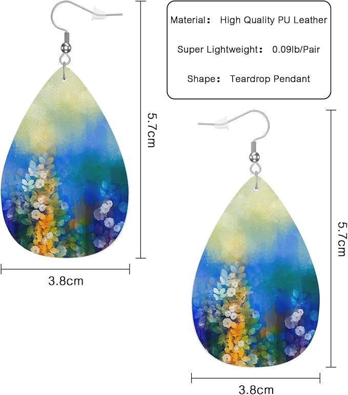 Earrings For Women Ivy Leaves, Abstract Flowers Watercolor Painting Spring Floral Fashion Leather Teardrop Earrings Lightweight Earrings For Women Friends Bridal