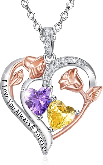 Valentine's Day Gifts for Wife 925 Sterling Silver Double Birthstone Pendant Necklaces I Love You for Always and Forever Necklace Anniversary Birthday Gifts for Wife Girlfriend Mom Her