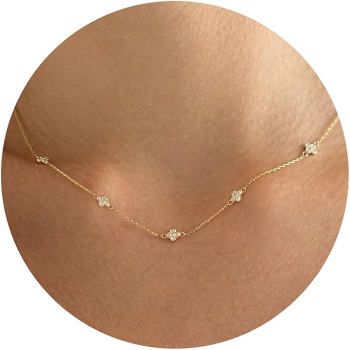 VRIUA Necklaces for Women - 14K Gold/Silver Plated Dainty Chain Necklace with Five Charms: Diamond, Bow, Snowflake, Cross, Flower, Clover, Butterfly, Heart, Star of David, and Star Trendy Jewelry