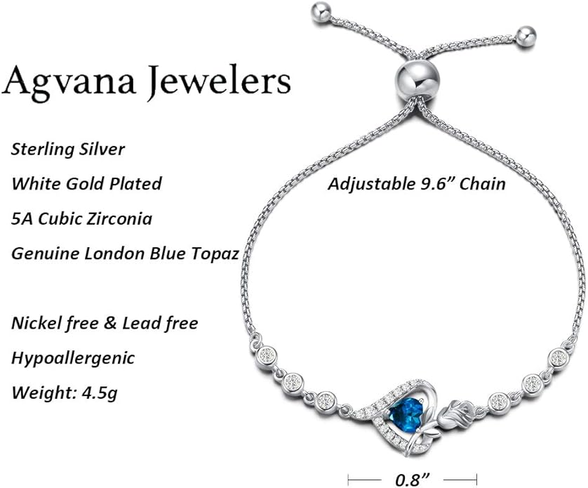 AGVANA Valentines Day Gifts Rosy Reverie Birthstone Bracelet for Women Sterling Silver Genuine or Created Gemstone Tennis Bracelet Rose Heart Jewelry Anniversary Birthday Gifts for Women Mom Wife Her