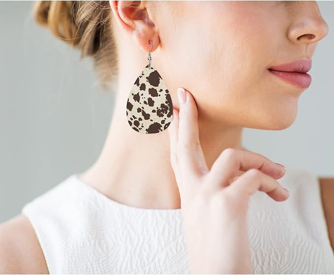 Cow Print Fashion Faux Leather Earrings Retro Cow Animals Skin Fur Bull Spot Wedding Teardrop Earrings Jewelry For Women Friends Bridal