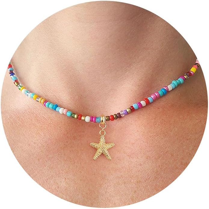 VRIUA Colorful Beaded Necklaces for Women – Summer Beach Boho Starfish, Conch, Shell, Pearl, Palm tree Pendant Necklace Jewelry