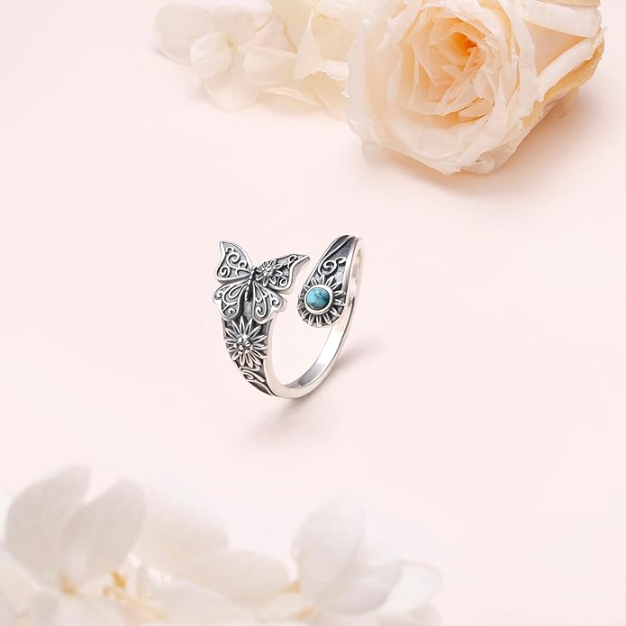 925 Sterling Silver Spoon Rings Butterfly/Dragonfly/Hummingbird/Cross Adjustable Sunflower Thumb Ring For Women Turquoise Boho Ring Vintage Rings Unique Jewelry Present for Christmas Mother's Day