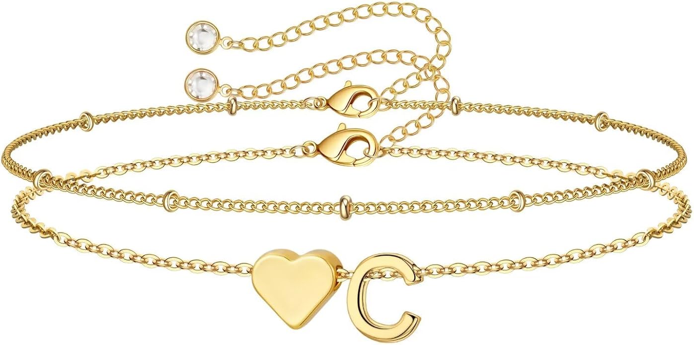 M MOOHAM Valentines Day Gifts for Kids Teen Girls -14K-Gold-Plated Heart Initial A-Z Bracelets for Women Girl Dainty Gold Bracelets Birthday Valentines Gifts for Women Her Teenage Girls Kid Teen Gift