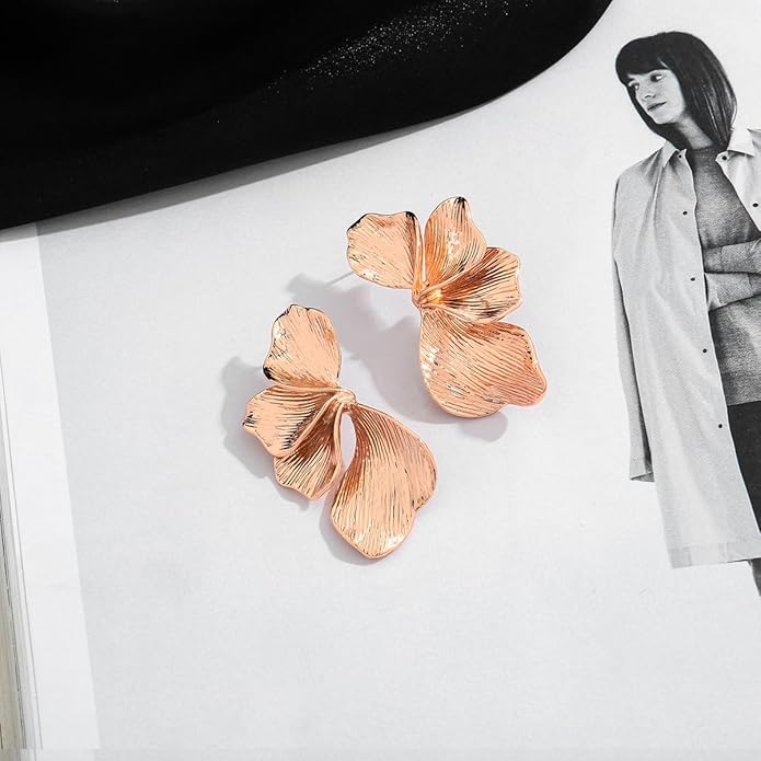 Chunky Gold Statement Earrings For Women Gold Plated Sectored Flower Leaf Shell Angel Wing Earrings Trendy Boho Jewelry For Women Large Stud Earrings Hypoallergenic Earrings