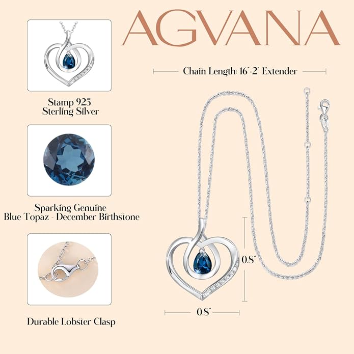 AGVANA Valentines Day Gifts Heart Birthstone Necklace for Women Sterling Silver Genuine or Created Gemstone Forever Love Pendant Necklace Fine Jewelry Anniversary Birthday Gifts for Women Mom Wife