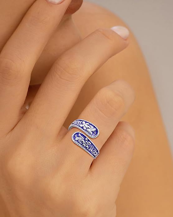 Vintage 14K Gold Plated and Silver Spoon Ring – Adjustable Ring with Carving Design for Women, Unique Boho Open Ring for Gift