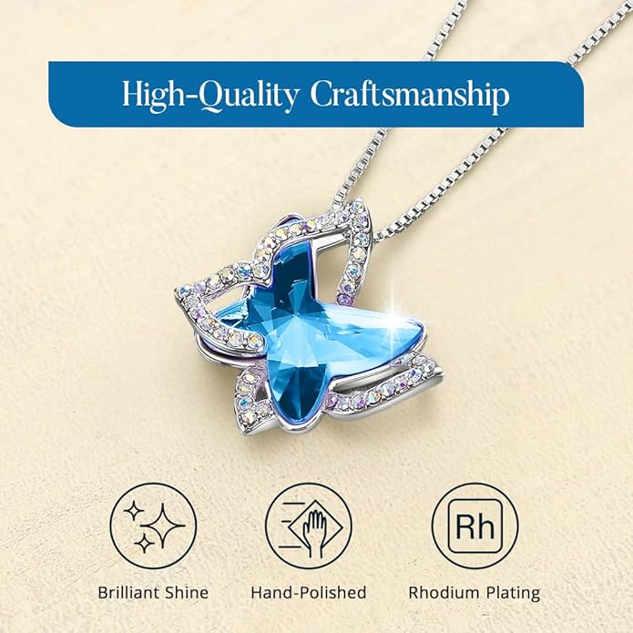 Valentine's Day Gift Butterfly Birthstone Crystal Necklace, Silver Tone with 18”+2” Chain, Necklace for Mother’s Day Anniversary Birthday Gifts for Women and Daughter