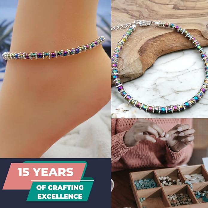 BESHEEK Rainbow Anklet Bracelet Hue Twisted Hematite and Round Artisan Beaded Anklet with Extension Handmade Hypoallergenic Beach Gala Wedding Style Jewelry