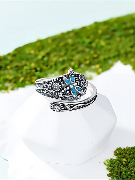 JKR Turquoise Spoon Rings for Women Sterling Silver Vintage Antique Thumb Ring Boho Jewelry Anniversary Birthday Gift for Wife Her Mom