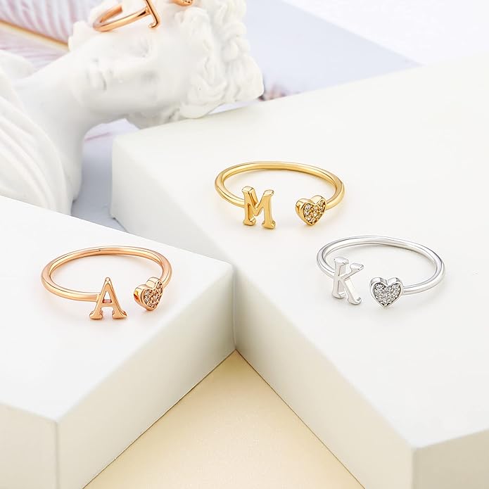 Valentines Day Gift Initial Rings for Teen Girls - S925 Heart Sterling Silver Rings for Teen Girls | 14K Gold/Rose Gold/Sterling Silver Plated Ring for Girls Kids Women Ring for Teenager Girls Gifts Adjustable, No Tarnish, Hypoallergenic