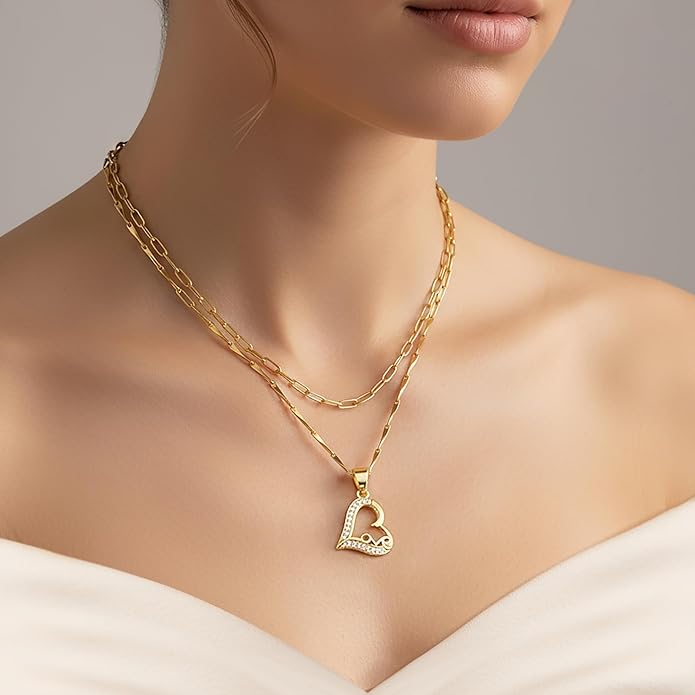 Heart Necklaces for Women 14K Gold Plated Layered Necklace Set with Cubic Zirconia Heart Pendant, Dainty Stackable Choker Chain, Gift for Her