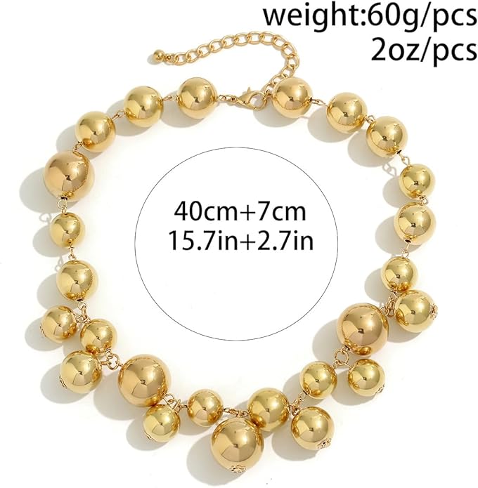 Chunky Gold Beads Necklaces for Women,Vintage Exaggeration Necklace Statement Punk Big Thick Beaded Necklace Fashion Classic Jewelry