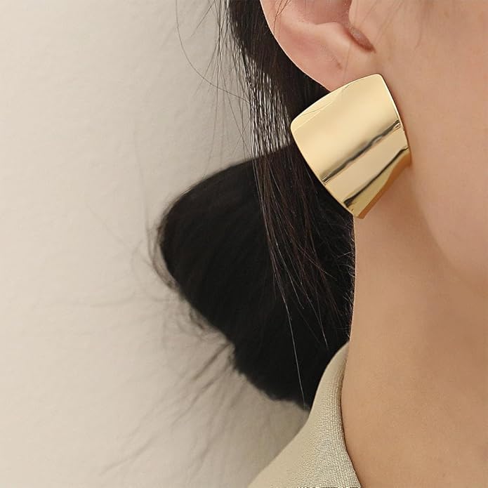 Gold Abstract Statement Earrings for Women Chunky Square High Polished Geometric Dangle Earring Trendy Large Costume Outfit Jewelry Exaggerated Accessories