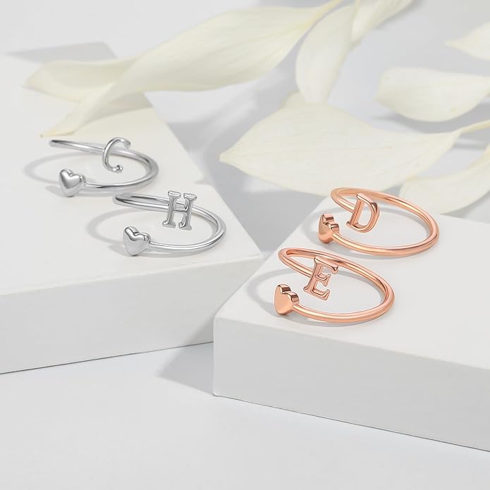 Initial Rings for Women Girls - Valentines Day Gifts for Her, Adjustable Rings for Women Non Tarnish Letter A-Z Dainty Heart Ring Teen Girls Gifts Trendy Stuff Personalized Jewelry Gift