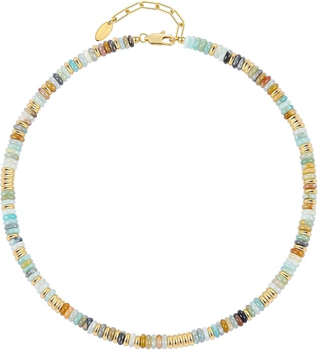 Beaded Necklace for Women, Colorful Boho Beach Handmade Bead Choker, 14K Gold Plated Stackable Bohemian Multicolor Natural Stone Necklace