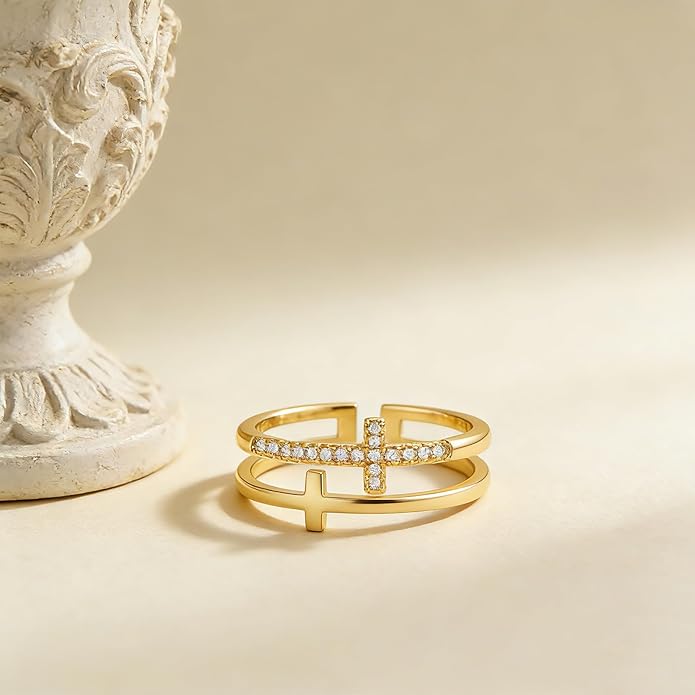 Cross Ring for Women 14 Gold Plated Hammered Texture Open Ring Size Adjustable Dainty Faith Christian Jewelry Gifts