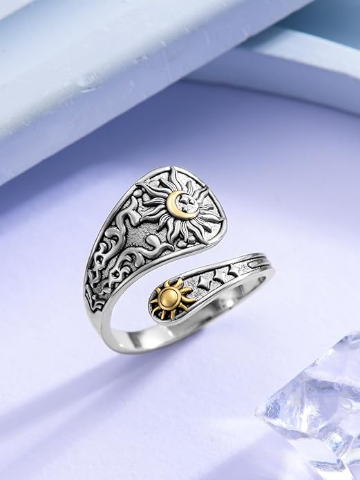 Midari Sun and Moon/Bee/Celtic/Life of Tree/Lotus Spoon Ring for Women 925 Sterling Silver Adjustable Ring Open Ring for Women Men Halloween Birthday Gift