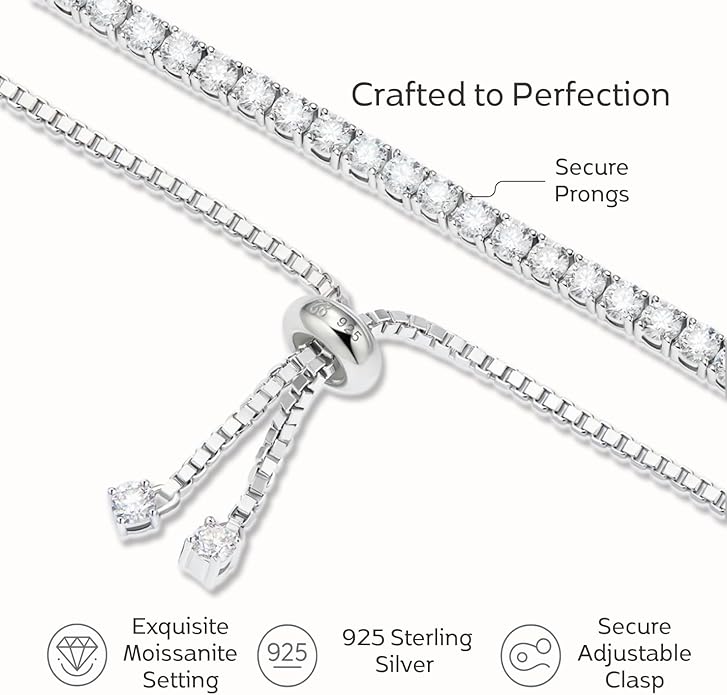LOVE&LOVE Moissanite Tennis Bracelet for Women, Adjustable 18K Gold Plated 925 Sterling Silver Bracelet, 3/4mm D VVS1 Round Cut, Luxury Jewelry Gift for Wife Mom Girlfriend Birthday Anniversary