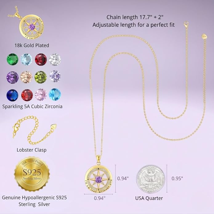 Compass Necklace for Women Wife Girlfriend Mom Daughter Gifts S925 Sterling Silver Jewelry For Anniversary Rose Gold Gifts For Birthday Christmas Mothers Valentines Day 12 Birthstones