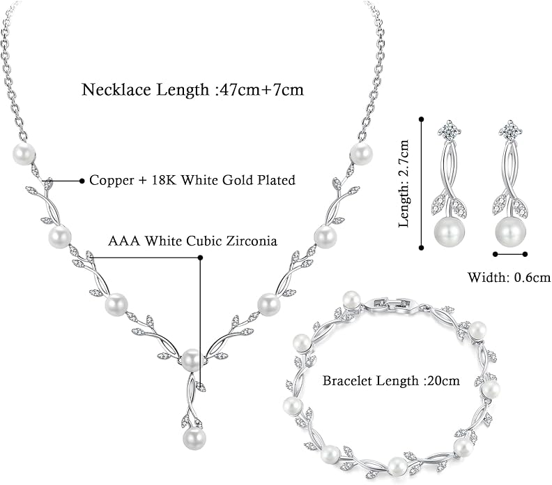 Hadskiss Jewelry Set for Women, Necklace Dangle Earrings Bracelet Set with White AAA Cubic Zirconia, Allergy Free Wedding Party Jewelry for Bridal Bridesmaid