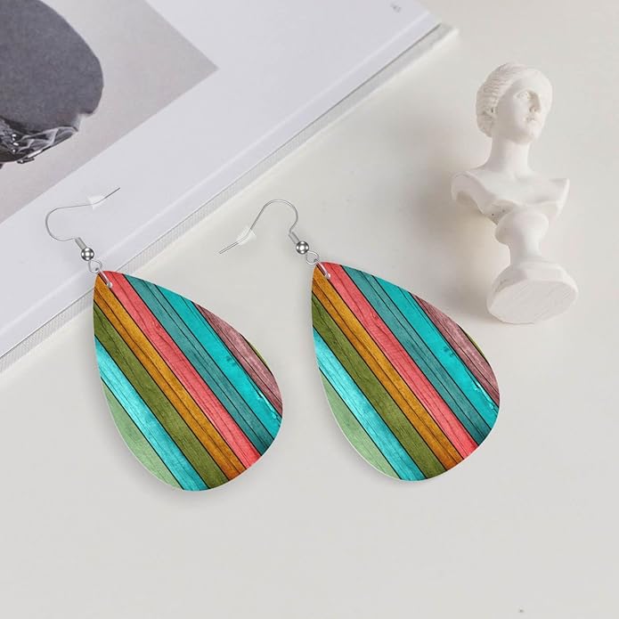 Vintage Wood Wooden Print Faux Leather Teardrop Earrings for Women Drop Dangle Earrings