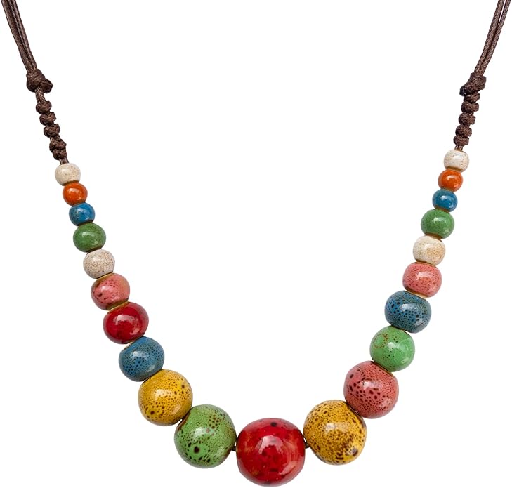 Boho Round Colorful Ceramic Beaded Necklace, Adjustable Hippie Statement Necklace, Handmade Ethnic Jewelry Gift for Women