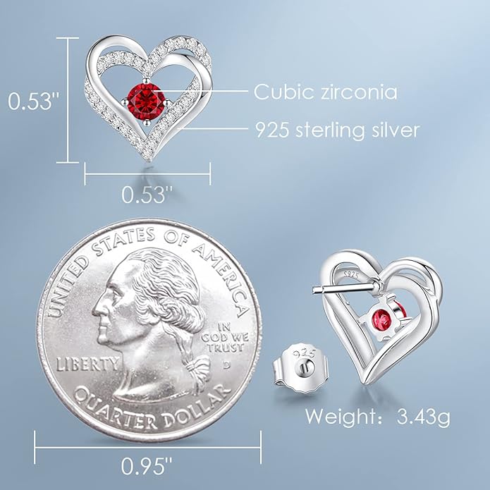 CDE Forever Love Heart Stud Earrings for Women, 925 Sterling Silver Birthstone Heart Stud Earrings Christmas Day Mother's Day Gift Anniversary Birthday Jewelry Gifts for Women Wife Her