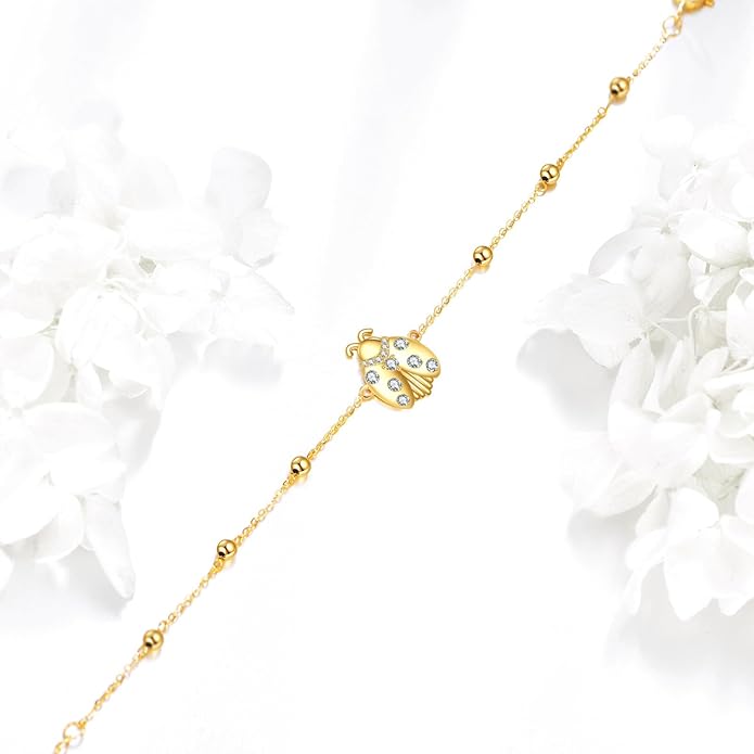 KECHO 14k Yellow Gold Butterfly/Dragonfly/Frog/Sunflower/Daisy/Tree of life/Moon/Clover Bracelet Anklet for Women