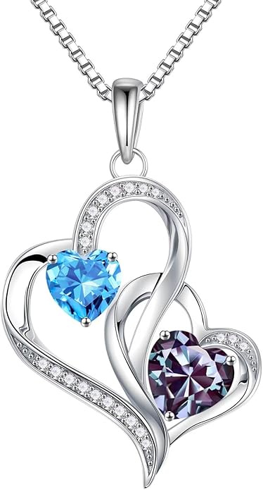 Iefil Valentines Day Gifts for Her - 925 Sterling Silver Double Birthstone Necklace, Heart Necklaces for Women, Anniversary Birthday Gifts, Personalized Jewelry Gift for Wife Mom Girlfriend