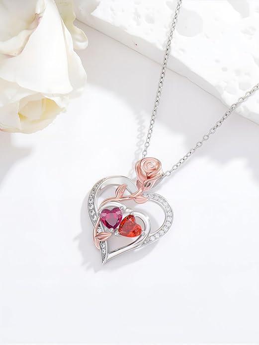 Rose Flower Heart Pendant for Women Birthday Gifts 18k Gold Plated Mother Daughter Necklace with 12 Months Birthstone Christmas Valentines Day Gifts for Her Mom Anniversarry Jewelry for Mom Wife Girlfriend