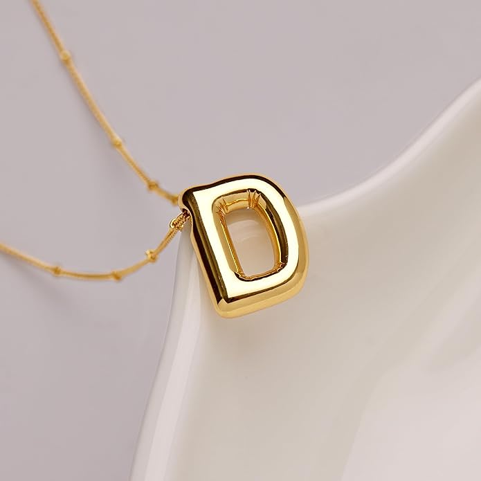 Inerney Valentines Day Gifts Gold Bubble Letter Necklace Initial Necklaces for Women, Chunky 14K Plated Balloon Initials, Trendy Charm Non Tarnish Custom Name Pendant Jewelry Gifts for Mom