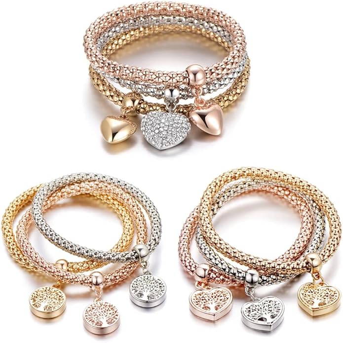 Crystal Charms Multilayer Bracelets - 3PCS Gold/Silver/Rose Gold Corn Chain Bracelet for Women, Tree of Life Heart Shaped Stretch Bracelet
