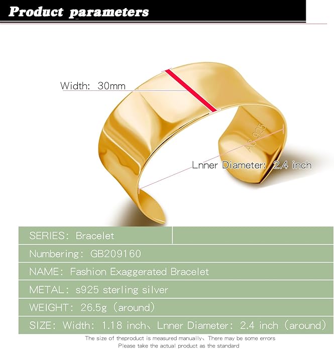 Dankadi Women 925 Sterling Silver Curved Bangle 30MM Wide Grooved Cuff Bangle Shiny Punk Open Bracelet Adjustable Plated 24k Gold/Rose Gold Jewelry Gift