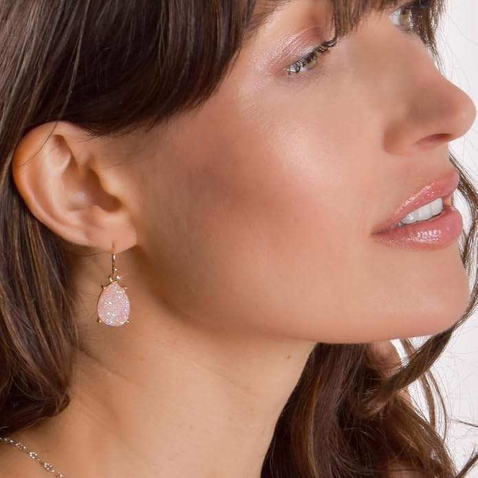 Teardrop Dangle Earrings for Women with Simulated Druzy Stones in Gold or Silver Tone