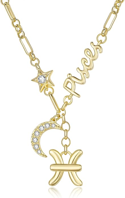 14K Gold/Rose Gold Zodiac Necklace for Women - Horoscope Constellation Pendant with Moon and Star, Luxury Birthday Gifts Jewelry for Her (12 Zodiac Signs)