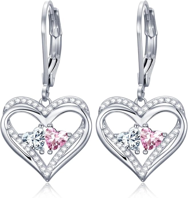 Valentines Day Gifts for Women, Heart Leverback Earrings Double Birthstone Dangle Earrings for Women, Love Jewelry for Her, Anniversary Birthday Gift for Mom Wife Girlfriend