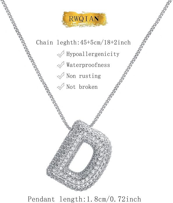 RWQIAN Letter Necklace for Women Bubble, Chunky Initial Alphabet A-Z Pendant Puffy Name Personalized Necklace Dainty Zircon CZ Fashion Jewelry Gifts for Girls Girlfriend