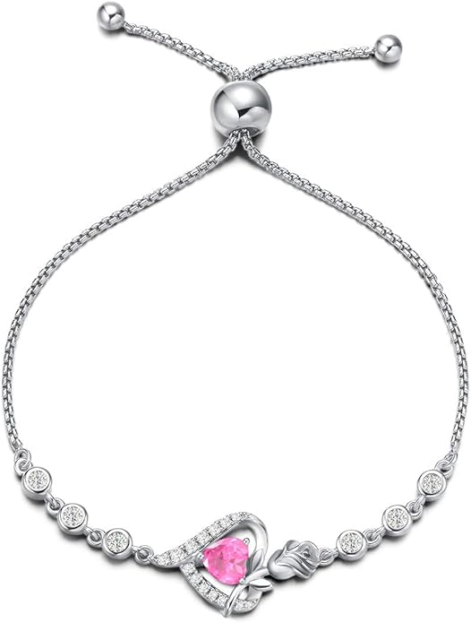 AGVANA Valentines Day Gifts Rosy Reverie Birthstone Bracelet for Women Sterling Silver Genuine or Created Gemstone Tennis Bracelet Rose Heart Jewelry Anniversary Birthday Gifts for Women Mom Wife Her