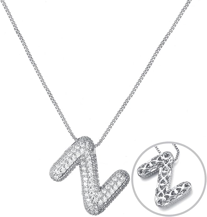 RWQIAN Letter Necklace for Women Bubble, Chunky Initial Alphabet A-Z Pendant Puffy Name Personalized Necklace Dainty Zircon CZ Fashion Jewelry Gifts for Girls Girlfriend