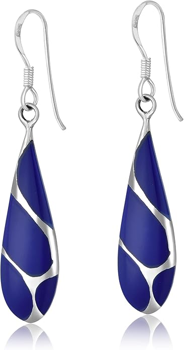 AeraVida Vintage Streaked Teardrop Simulated Blue Lapis Lazuli .925 Sterling Silver Dangle Earrings | Shiny Fish Hook Earrings | 9x45mm Lightweight Gift Jewelry for Women