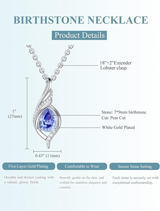 Birthstone Necklaces for Women Infinity Pendant S925 Sterling Silver Teardrop Pendant Necklace Anniversary Birthday Gifts for Women Wife Christmas Gifts for Her Mom Lady