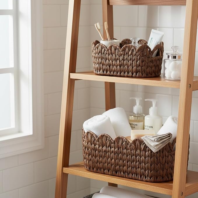 Coeusy Wicker Scalloped Basket Set of 2, Woven Storage Baskets - Image 4