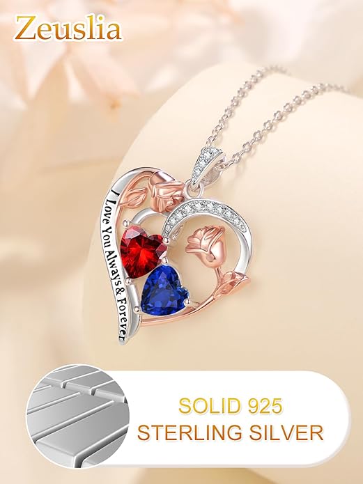 Valentine's Day Gifts for Wife 925 Sterling Silver Double Birthstone Pendant Necklaces I Love You for Always and Forever Necklace Anniversary Birthday Gifts for Wife Girlfriend Mom Her