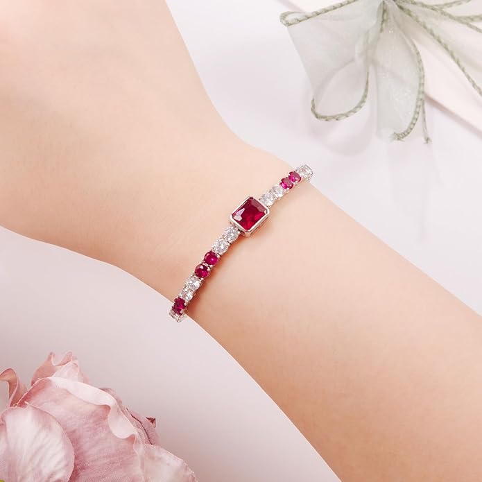 Birthstone Bracelets for Women Birthday Gifts 4CT Radiant Cut Birthstone 4mm Sterling Silver White Gold Tennis Bracelets for Women Round Cut 5A Cubic Zirconia Bezel Setting 7 Inch