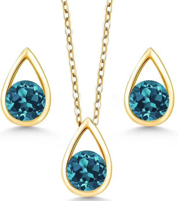 Gem Stone King 18K Yellow Gold Plated Silver 5MM Round Gemstone Birthstone Teardrop Pendant Earrings Set | Jewelry Set for Women | With 18 Inch Chain