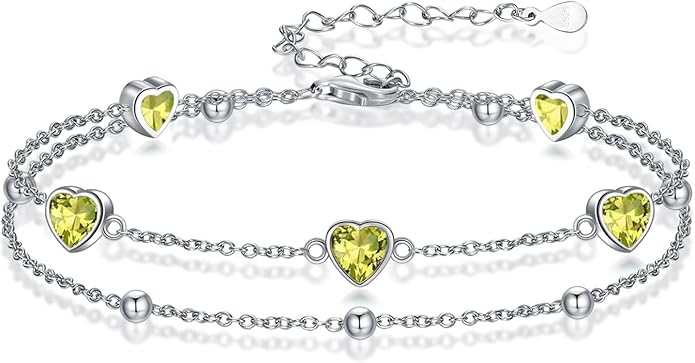 Birthstone Anklet/Bracelets for Women 925 Sterling Silver Charm Link Double Strand Heart Birthstone Jewelry Gift for Wife Women Mother's Day Gift