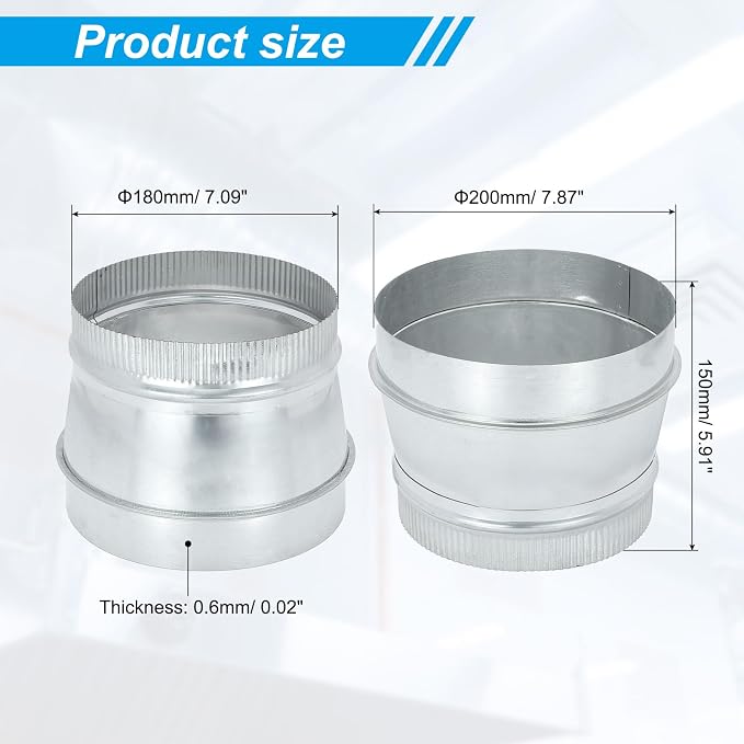 PATIKIL 8 Inch to 7 Inch Duct Reducer, Galvanized Steel Round Air Duct Reducer - Image 2