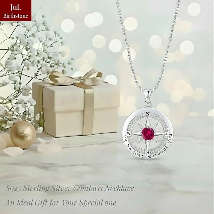 Compass Necklace for Women Wife Girlfriend Mom Daughter Gifts S925 Sterling Silver Jewelry For Anniversary Rose Gold Gifts For Birthday Christmas Mothers Valentines Day 12 Birthstones